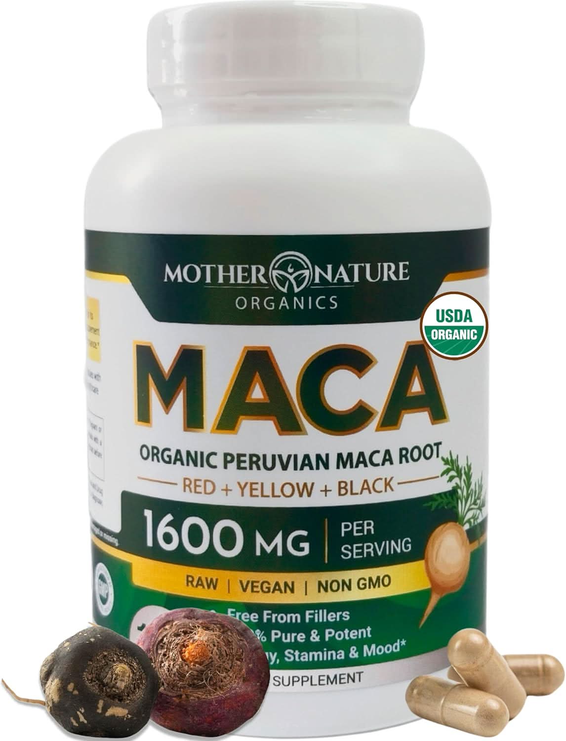 Mother Nature USDA Organic Maca Root Capsules 1600mg, Vegan, Raw Maca Supplement for Stamina, Hormonal Balance & Well-Being, Non-GMO Premium Peruvian Maca for Men & Women, Reproductive Health (120ct) - GoodWood
