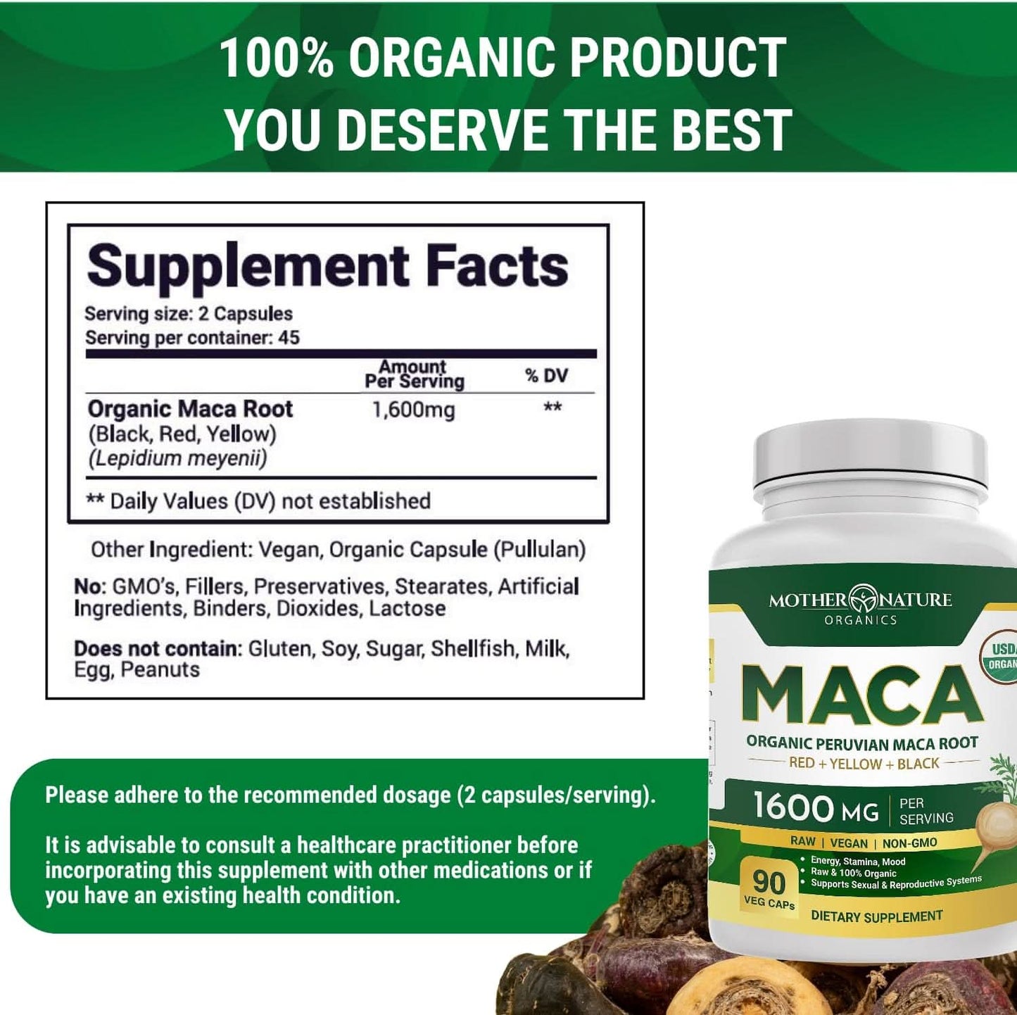 Mother Nature USDA Organic Maca Root Capsules 1600mg, Vegan, Raw Maca Supplement for Stamina, Hormonal Balance & Well-Being, Non-GMO Premium Peruvian Maca for Men & Women, Reproductive Health (120ct) - GoodWood