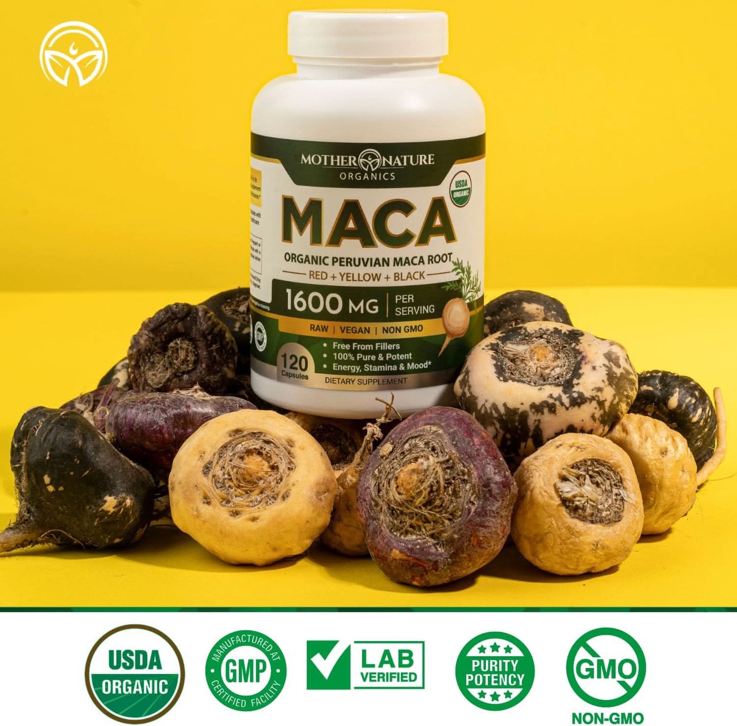 Mother Nature USDA Organic Maca Root Capsules 1600mg, Vegan, Raw Maca Supplement for Stamina, Hormonal Balance & Well-Being, Non-GMO Premium Peruvian Maca for Men & Women, Reproductive Health (120ct) - GoodWood