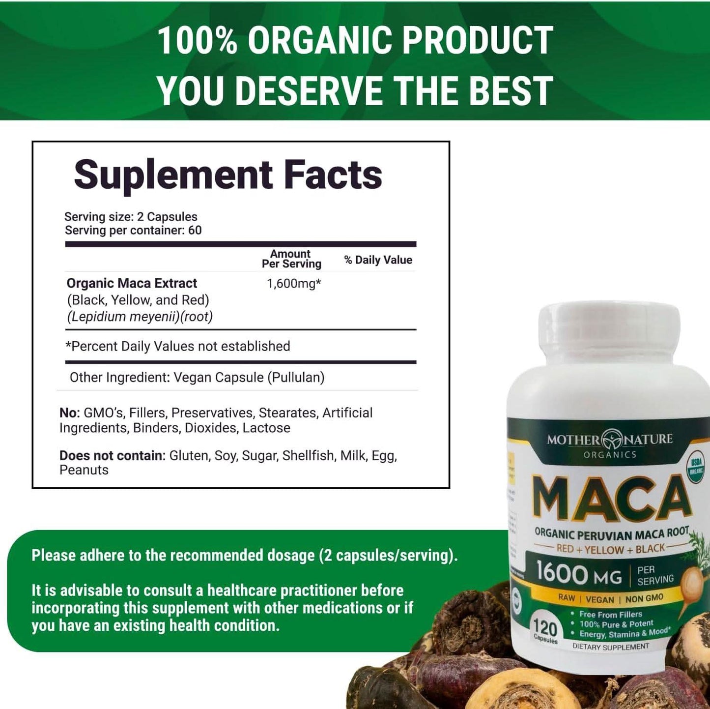 Mother Nature USDA Organic Maca Root Capsules 1600mg, Vegan, Raw Maca Supplement for Stamina, Hormonal Balance & Well-Being, Non-GMO Premium Peruvian Maca for Men & Women, Reproductive Health (120ct) - GoodWood