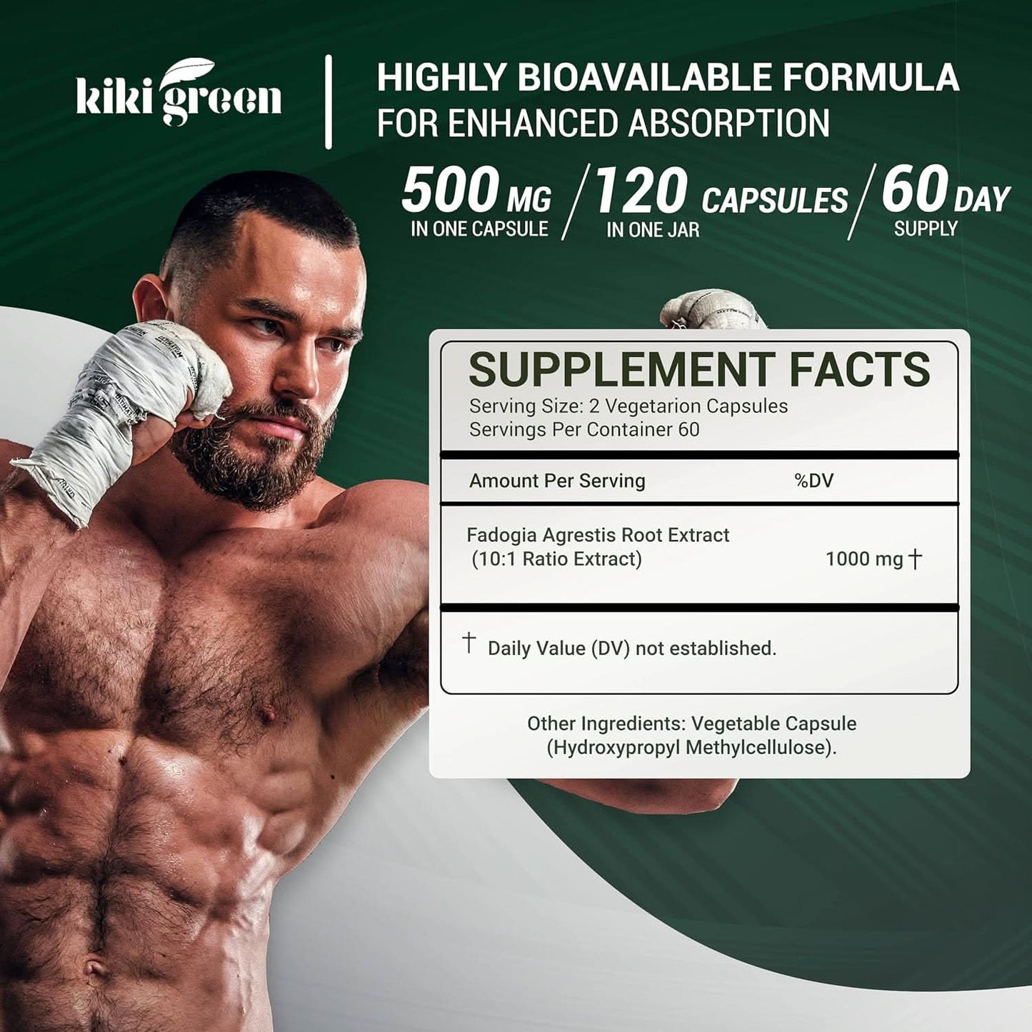 KIKI Green Fadogia Agrestis Herbal Supplement - 1000mg Per Serving - 120 Vegan Capsules for Daily Energy Boost, Vitality, and Well-Being Support - GoodWood