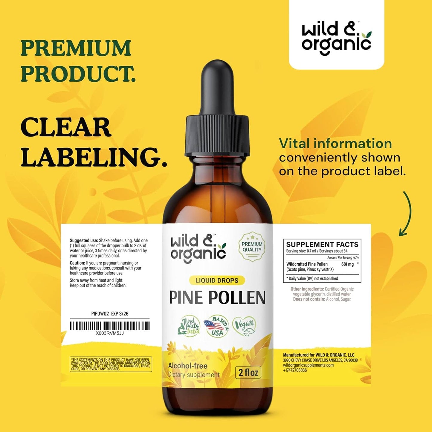 Wild & Organic Pine Pollen Tincture - Pine Pollen Powder Liquid Drops for Men & Women - Vegan, Sugar & Alcohol-Free Supplement - 4 fl oz - GoodWood