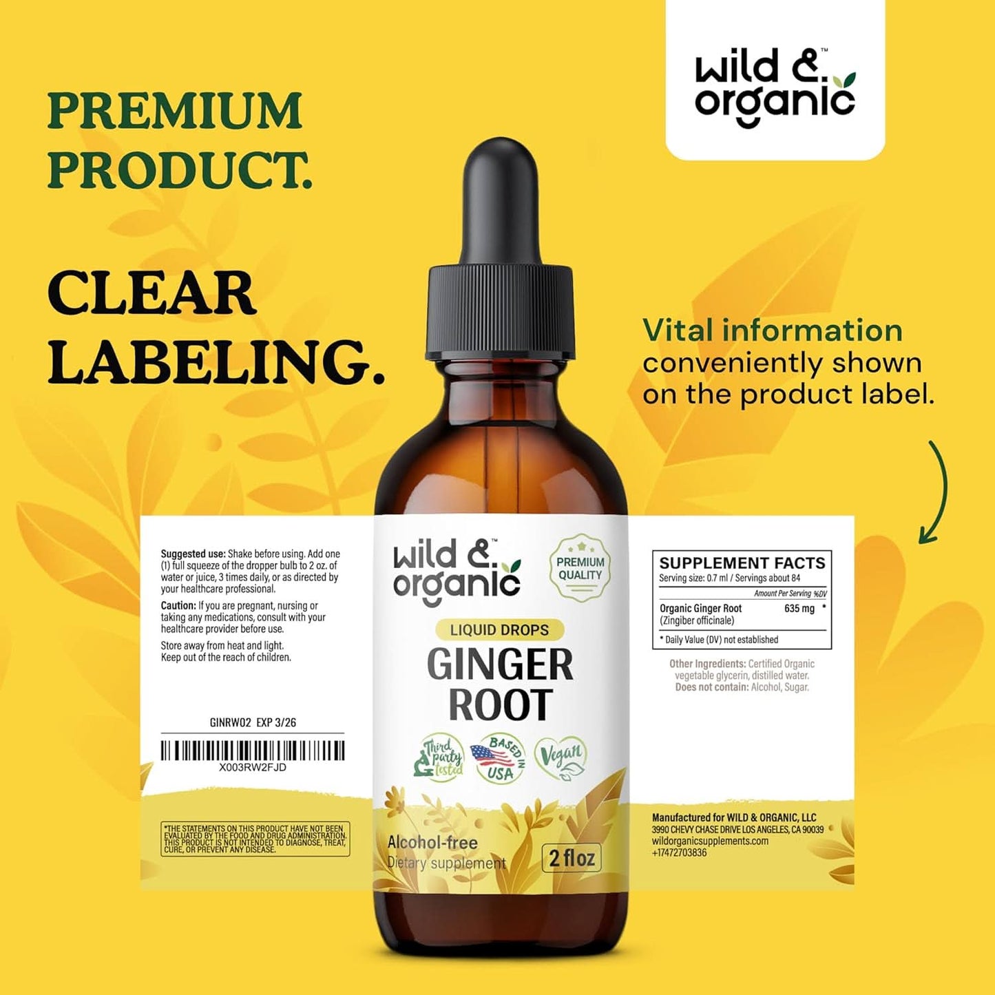 Wild & Organic Ginger Root Extract Drops - Immune & Digestive Support - Liquid Ginger Supplements - Vegan, Sugar & Alcohol-Free Tincture - 4 fl oz - GoodWood