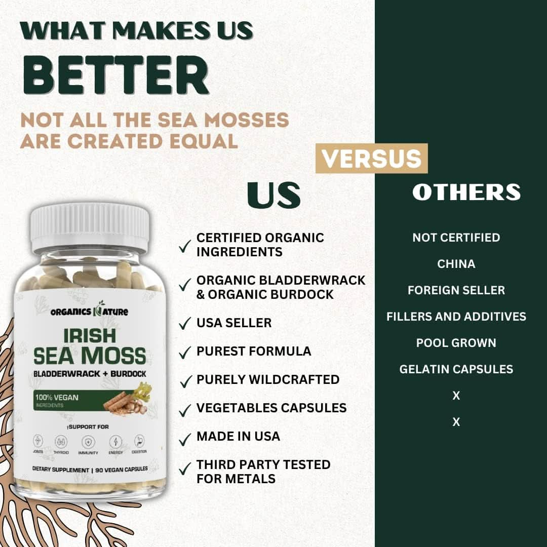 ORGANICS NATURE Irish Sea Moss Capsules 45 Servings | High Potency Sea Moss Pills | Immunity Sea Moss Supplement for Lung Detox, Energy, Bone & Joint Support 90 Vegan Capsules - GoodWood