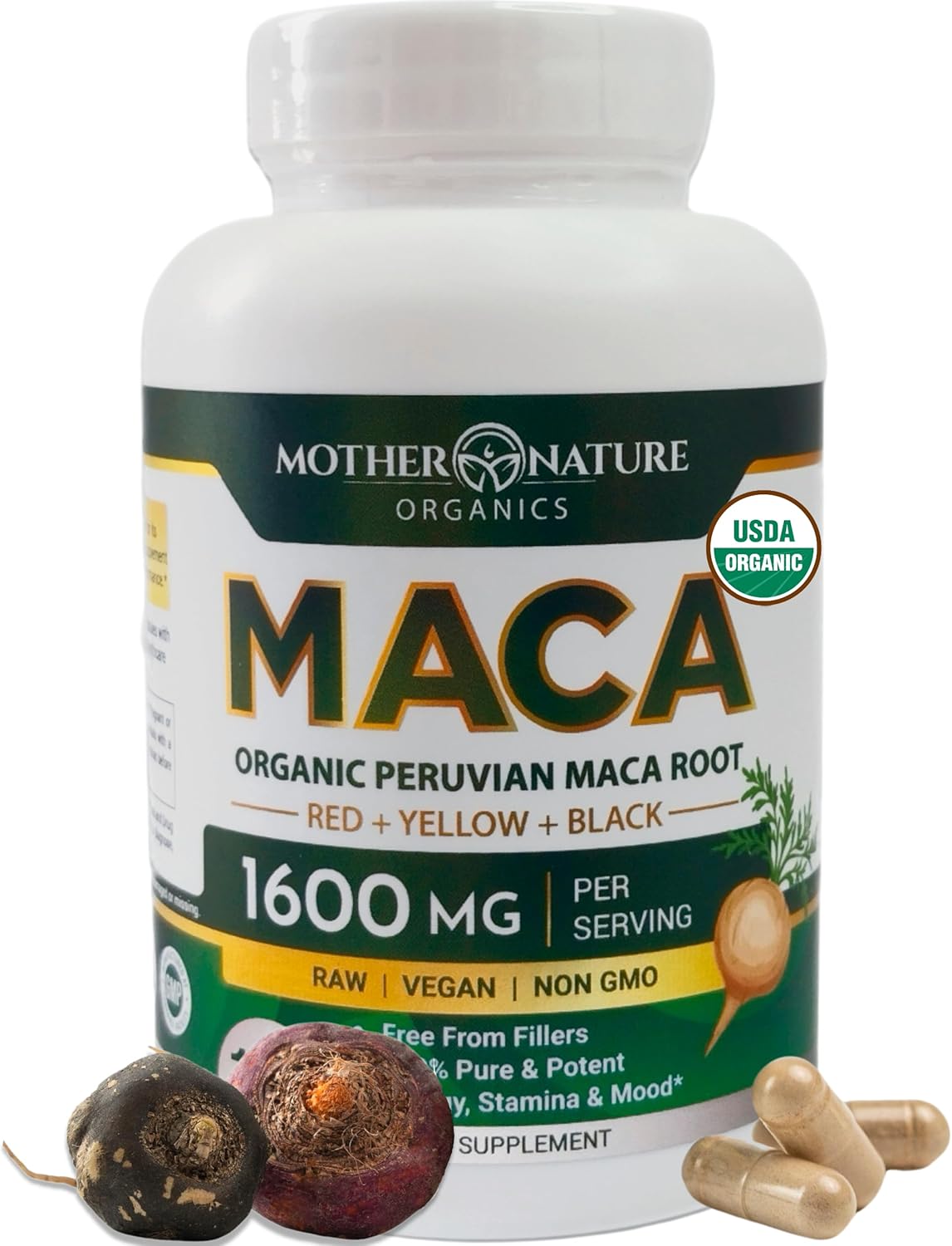 Mother Nature USDA Organic Maca Root Capsules 1600mg, Vegan, Raw Maca Supplement for Stamina, Hormonal Balance & Well-Being, Non-GMO Premium Peruvian Maca for Men & Women, Reproductive Health (120ct)