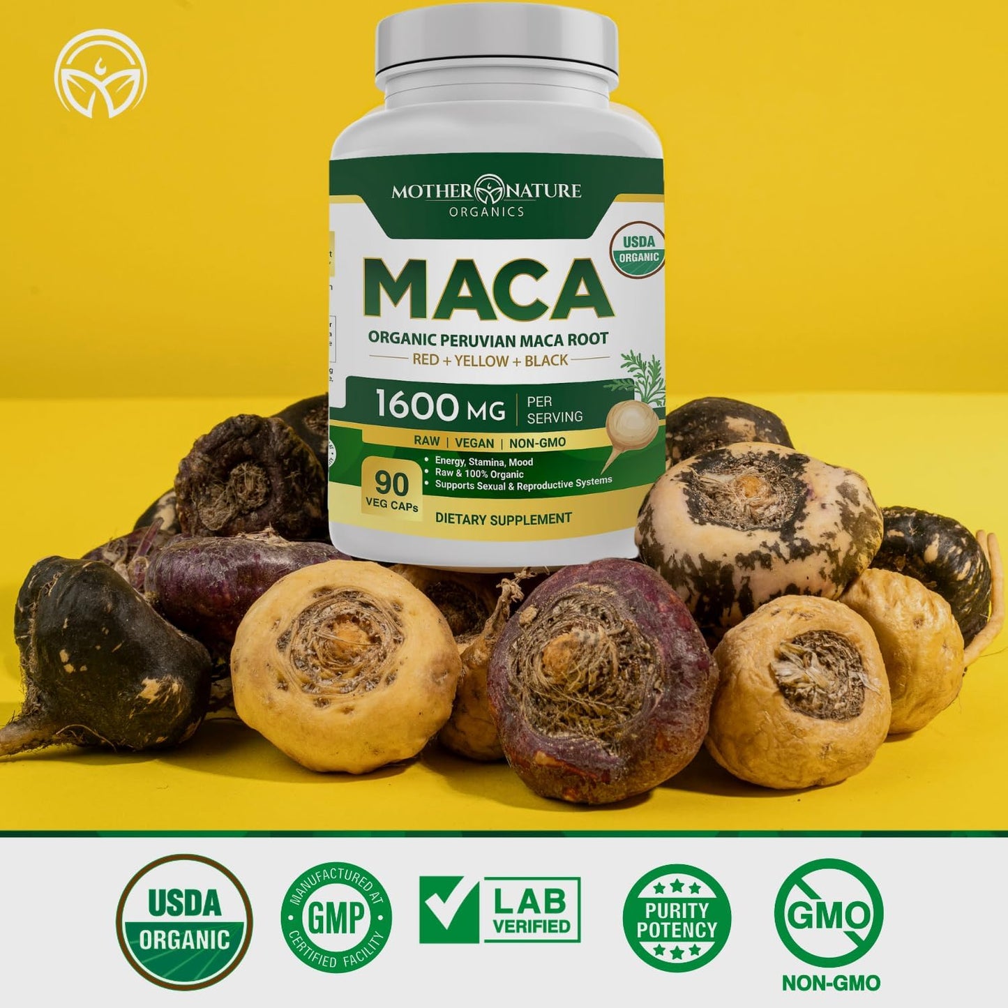 Mother Nature USDA Organic Maca Root Capsules 1600mg, Vegan, Raw Maca Supplement for Stamina, Hormonal Balance & Well-Being, Non-GMO Premium Peruvian Maca for Men & Women, Reproductive Health (120ct)