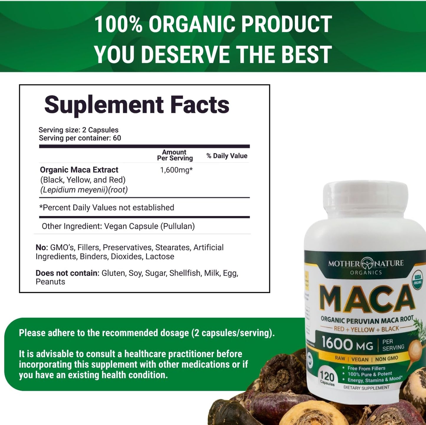 Mother Nature USDA Organic Maca Root Capsules 1600mg, Vegan, Raw Maca Supplement for Stamina, Hormonal Balance & Well-Being, Non-GMO Premium Peruvian Maca for Men & Women, Reproductive Health (120ct)