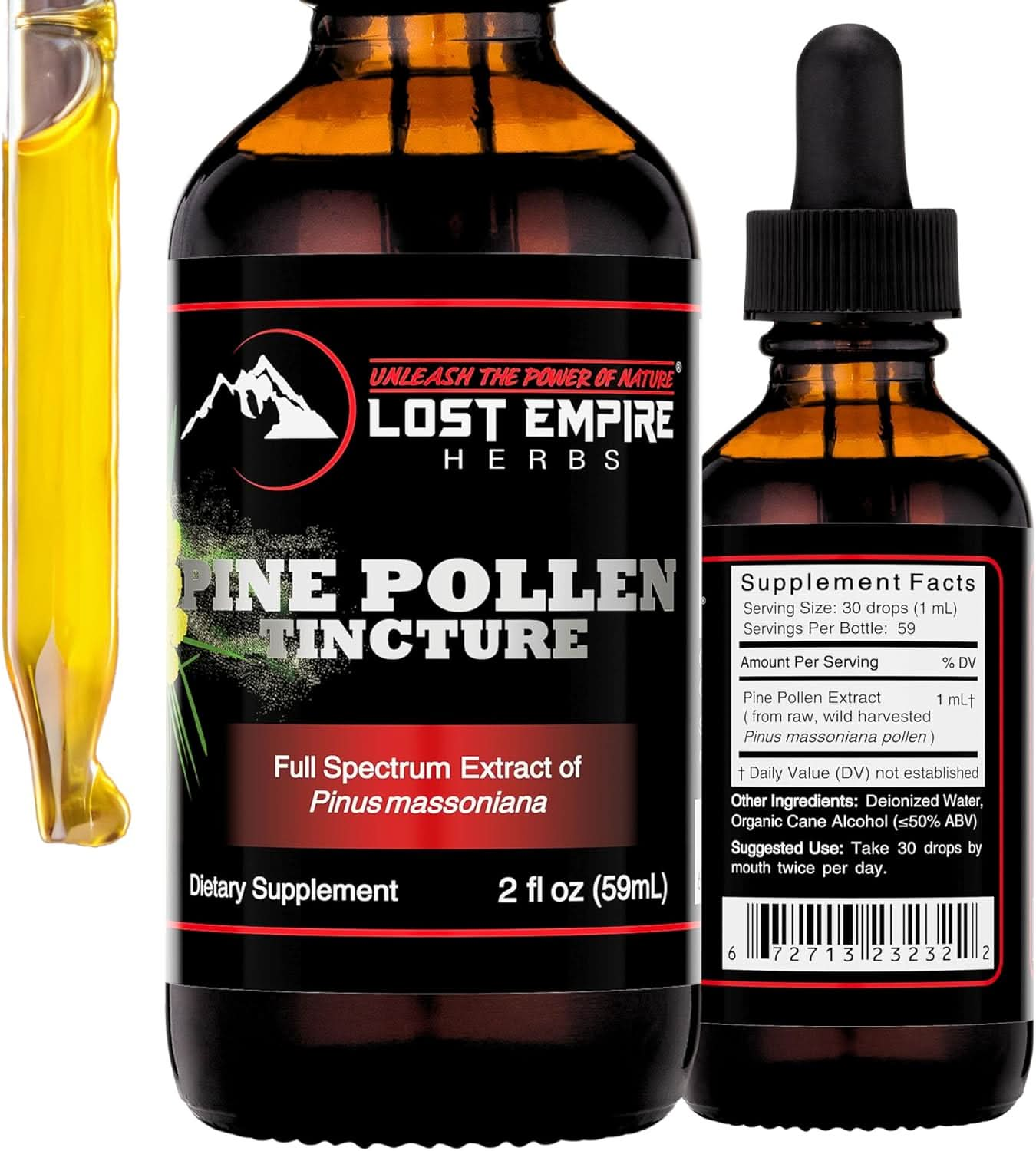 Pine Pollen Tincture - Lost Empire Herbs Pine Pollen Liquid Extract for Testosterone - Alcohol Tincture is Superior for Better Absorption, 3rd Party Lab Tested (2 fl oz) - GoodWood