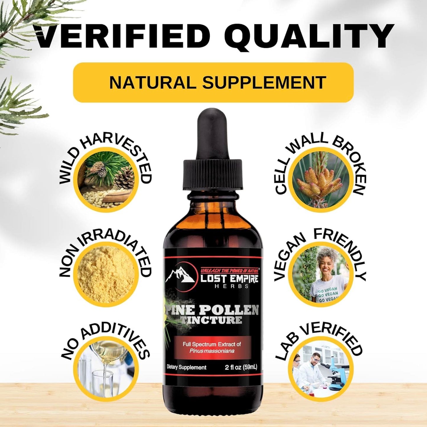 Pine Pollen Tincture - Lost Empire Herbs Pine Pollen Liquid Extract for Testosterone - Alcohol Tincture is Superior for Better Absorption, 3rd Party Lab Tested (2 fl oz) - GoodWood