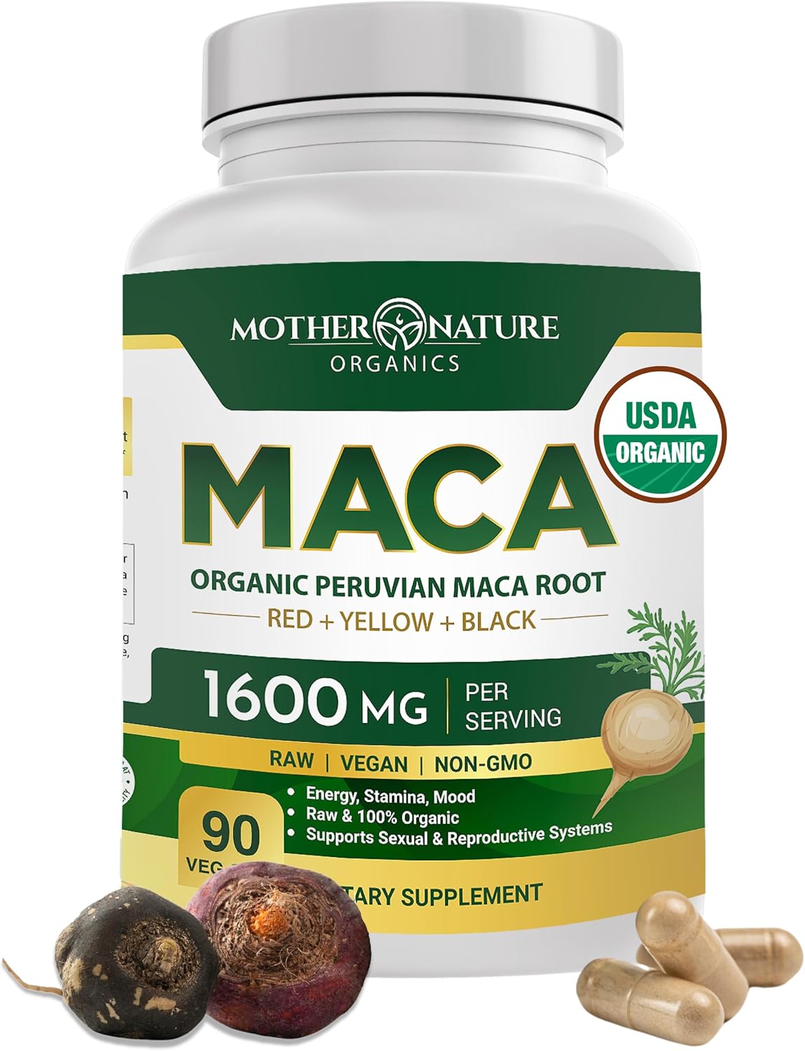 Mother Nature USDA Organic Maca Root Capsules 1600mg, Vegan, Raw Maca Supplement for Stamina, Hormonal Balance & Well-Being, Non-GMO Premium Peruvian Maca for Men & Women, Reproductive Health (120ct)