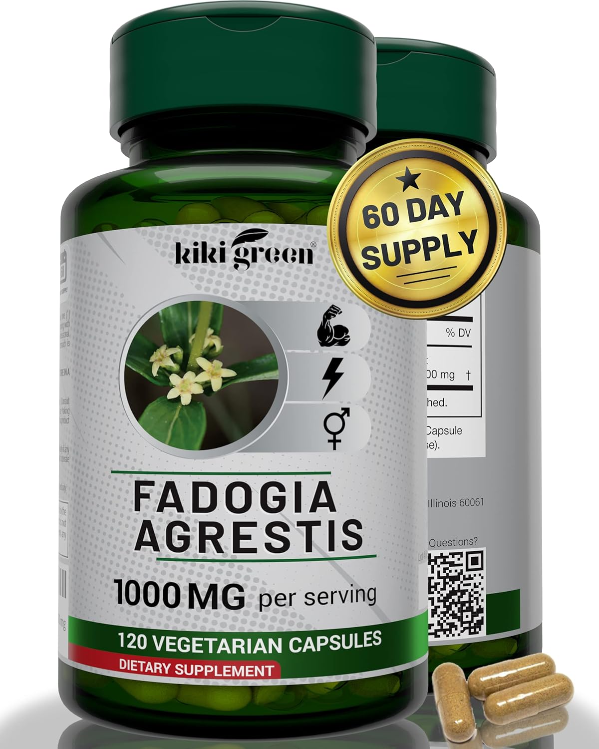 KIKI Green Fadogia Agrestis Herbal Supplement - 1000mg Per Serving - 120 Vegan Capsules for Daily Energy Boost, Vitality, and Well-Being Support